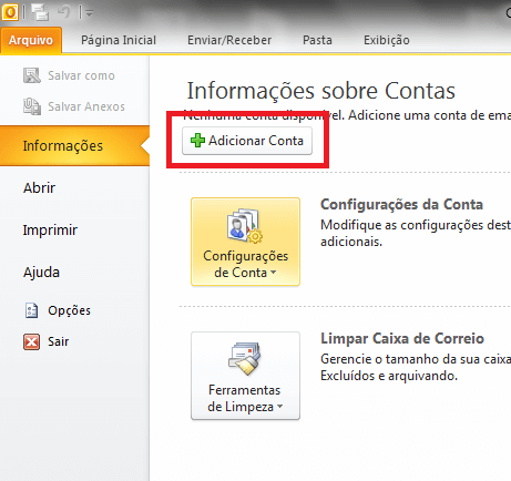 Configurando seu E-mail no Windows Outlook 2010 - Passo 2