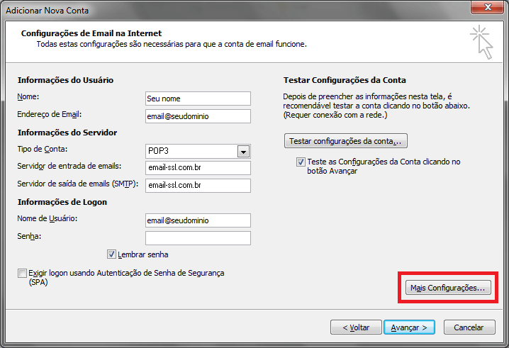 Configurando seu E-mail no Windows Outlook 2010 - Passo 5