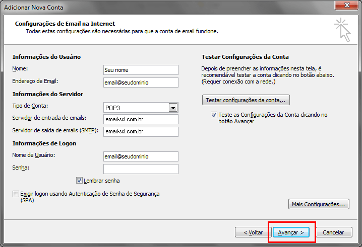 Configurando seu E-mail no Windows Outlook 2010 - Passo 8