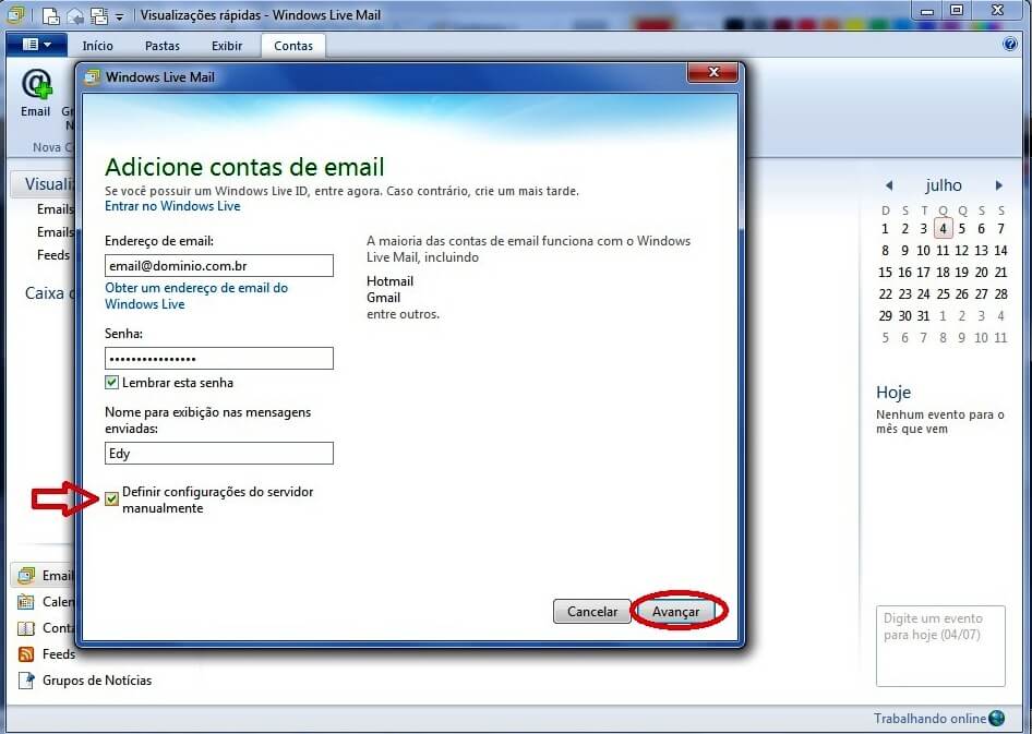 Configurando seu E-mail no Windows live mail - Passo 2