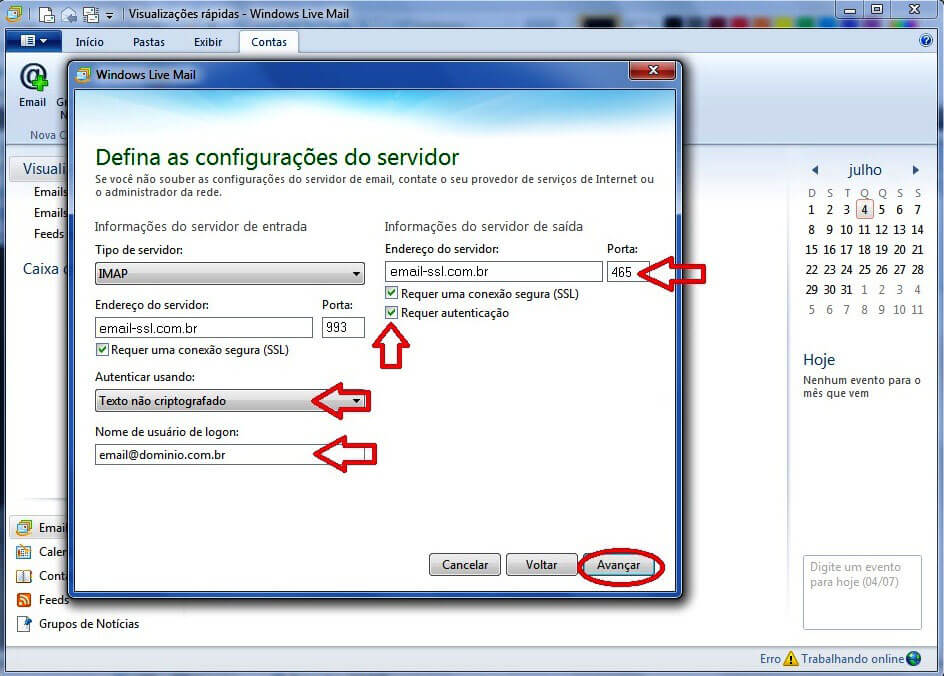 Configurando seu E-mail no Windows live mail - Passo 3