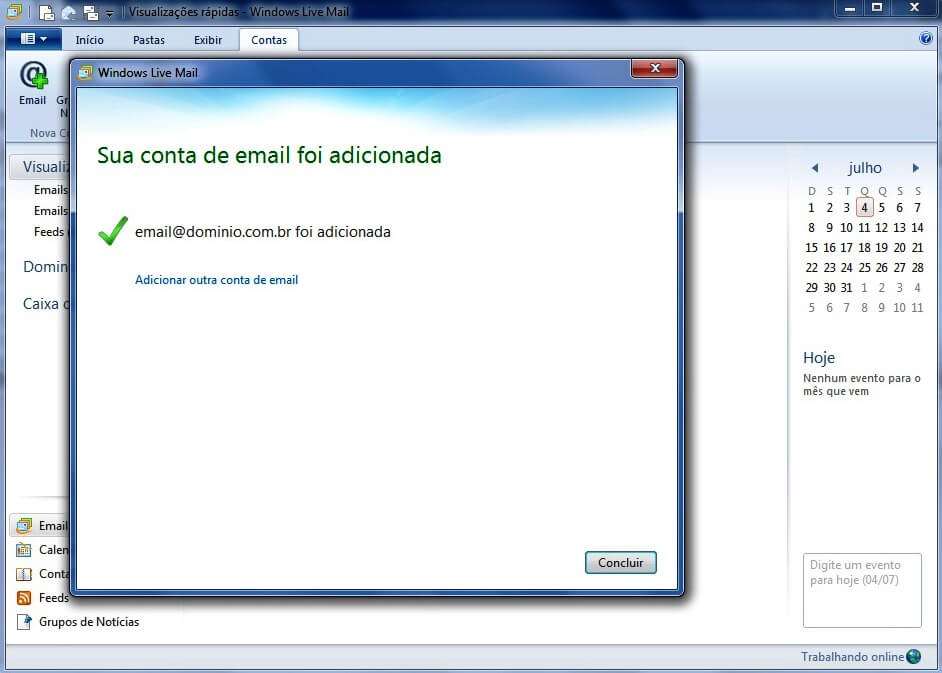 Configurando seu E-mail no Windows live mail - Passo 4